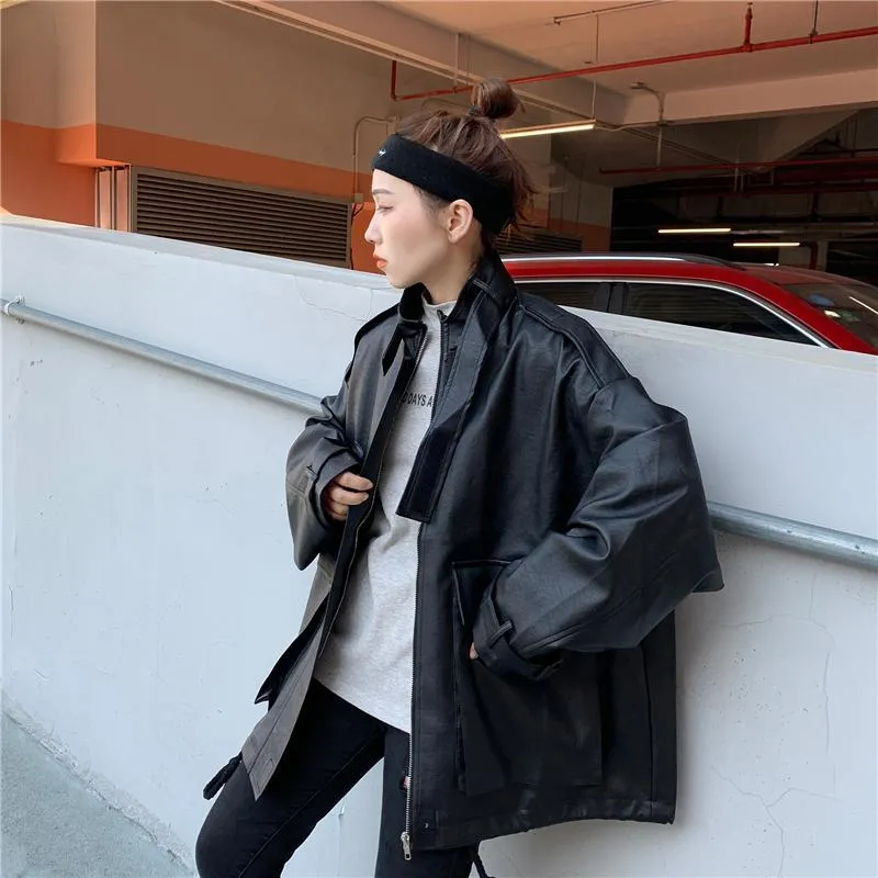 Sale Grunge Faux Leather Drawstring Oversized Jacket