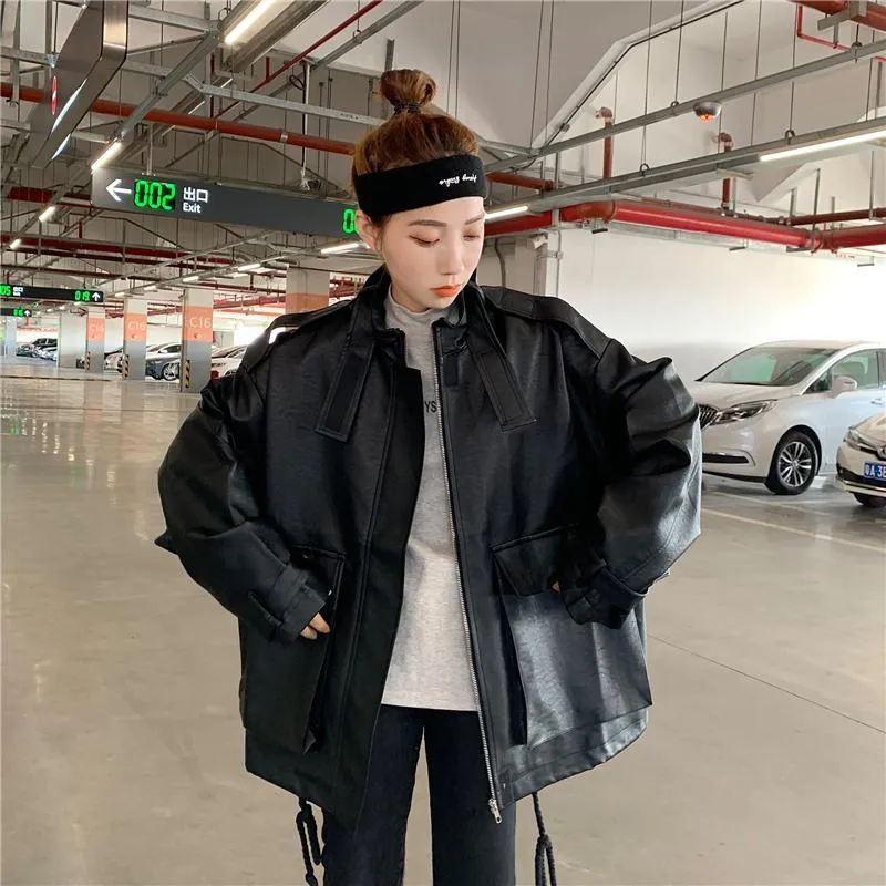 Sale Grunge Faux Leather Drawstring Oversized Jacket