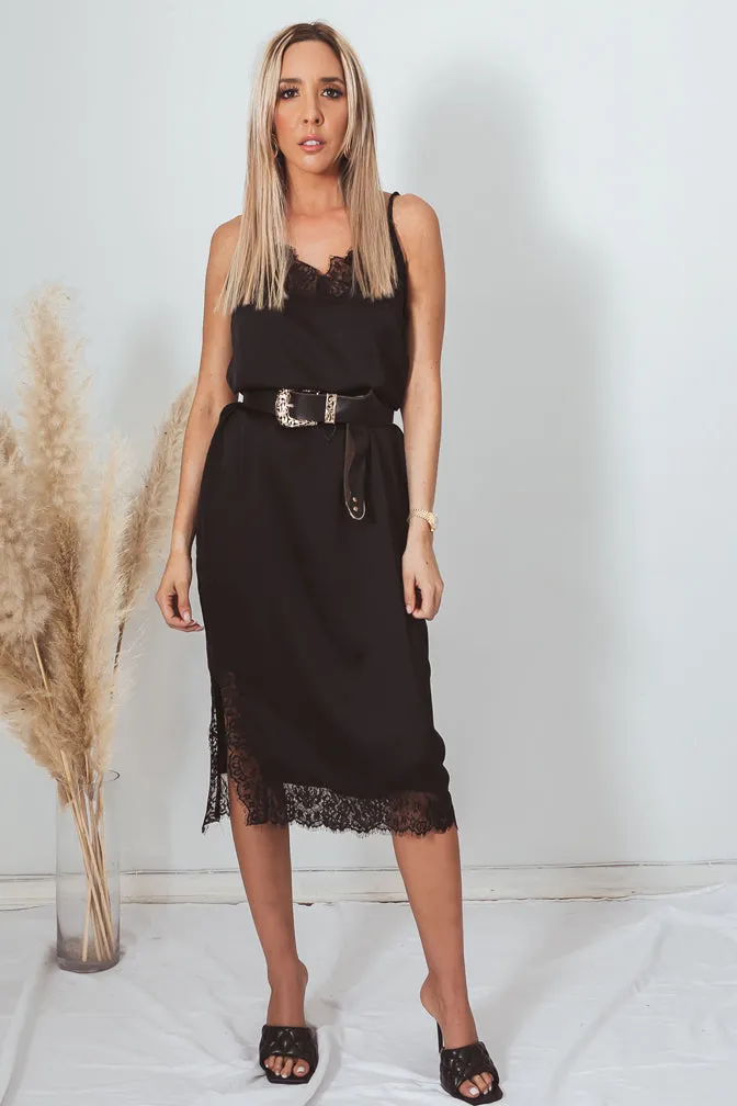 Satin Slip Midi Dress with Lace Trim - Black