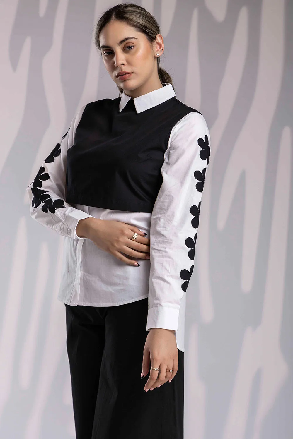 Shirt With Mini Crop Jacket Set - Black & White