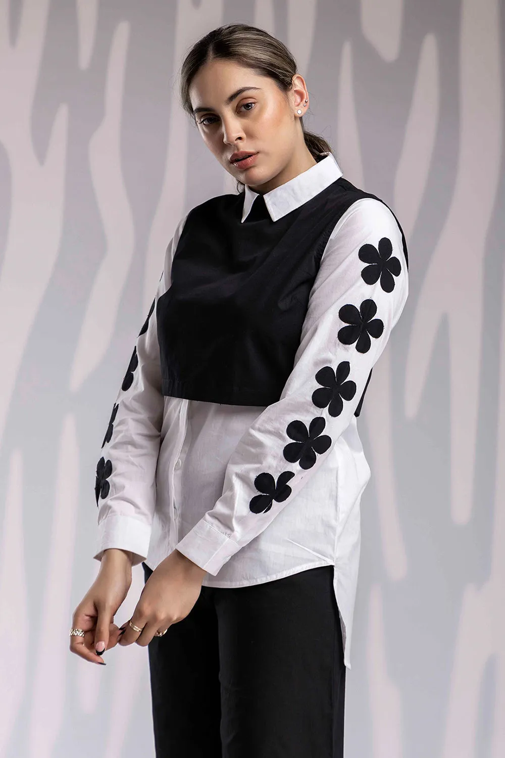 Shirt With Mini Crop Jacket Set - Black & White