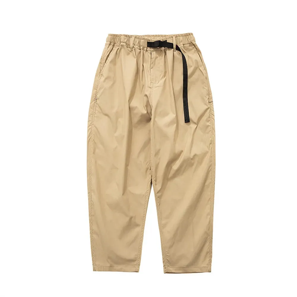 Solid Color Cargo Belt Pants - Casual Safari Style - Wide Leg - Elastic Waist