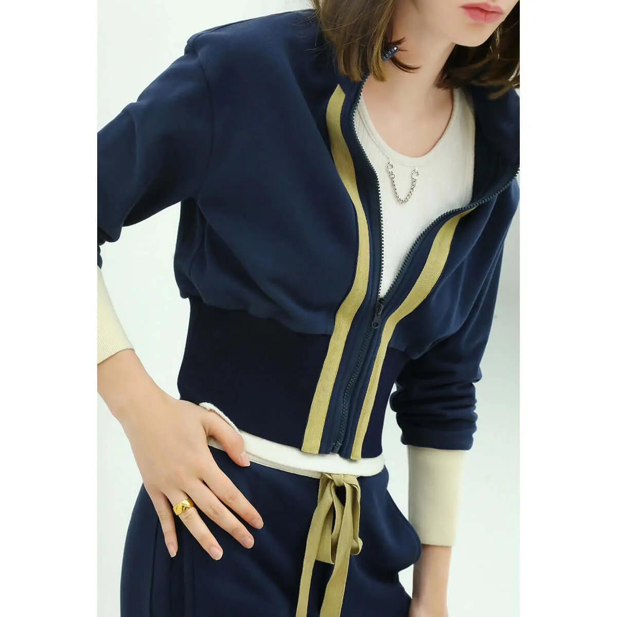 Sporty Contrast Striped Navy Cotton Jacket