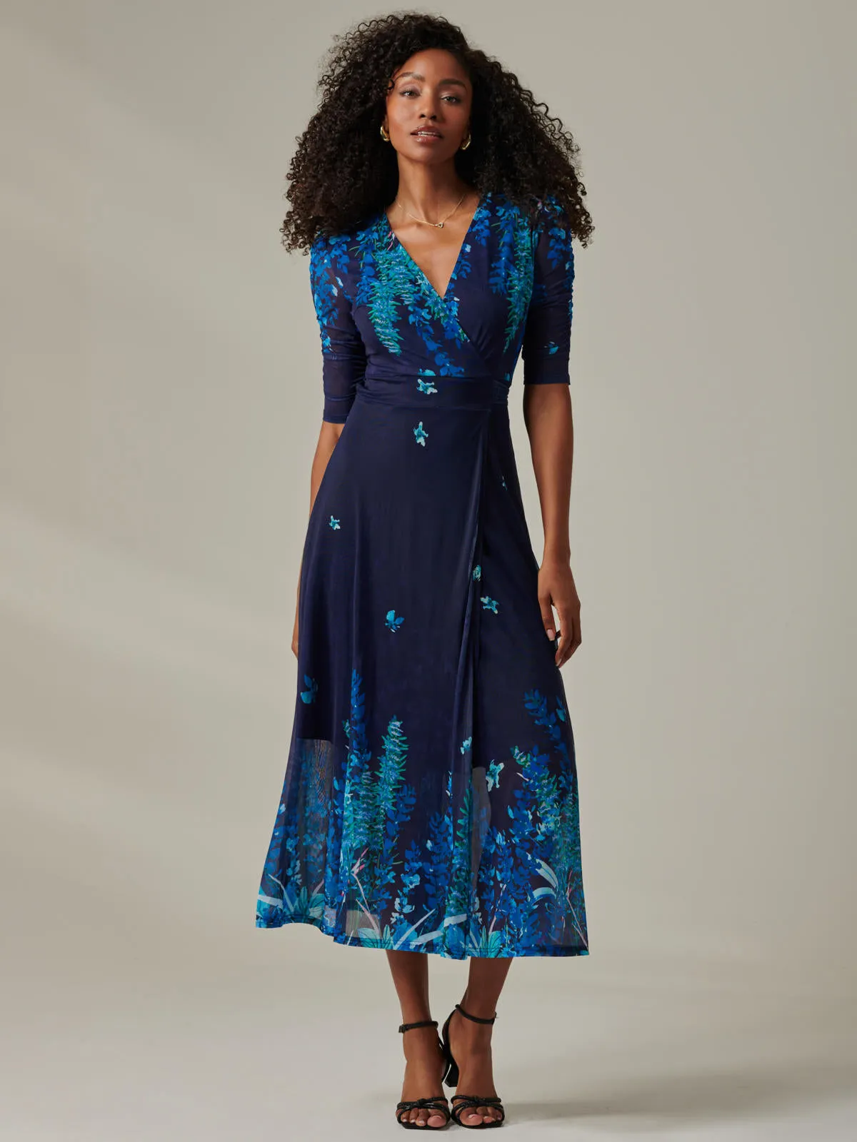 Stella Floral Print Wrap Mesh Maxi Dress, Navy Blue Multi