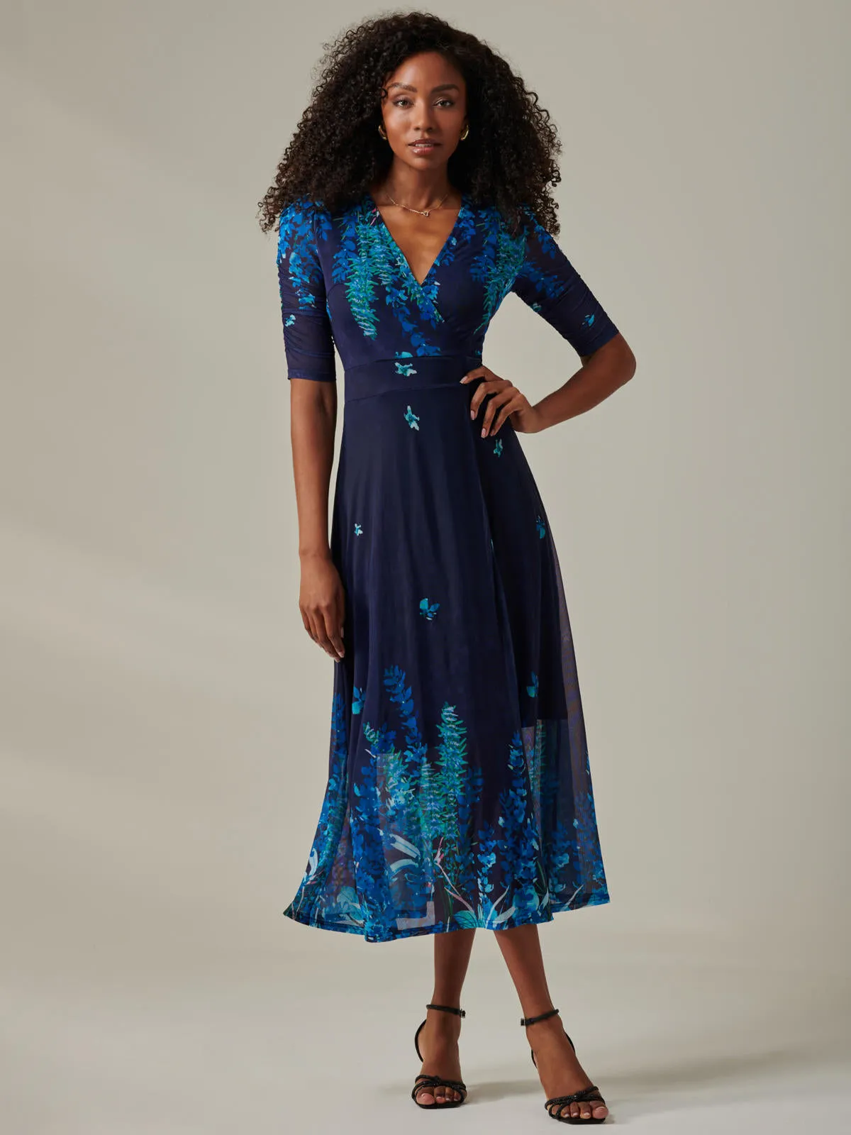 Stella Floral Print Wrap Mesh Maxi Dress, Navy Blue Multi