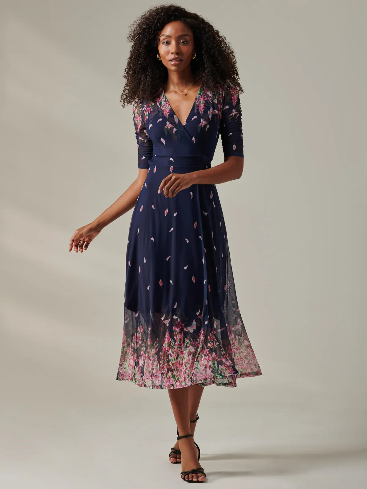 Stella Floral Print Wrap Mesh Maxi Dress, Navy Pink Multi