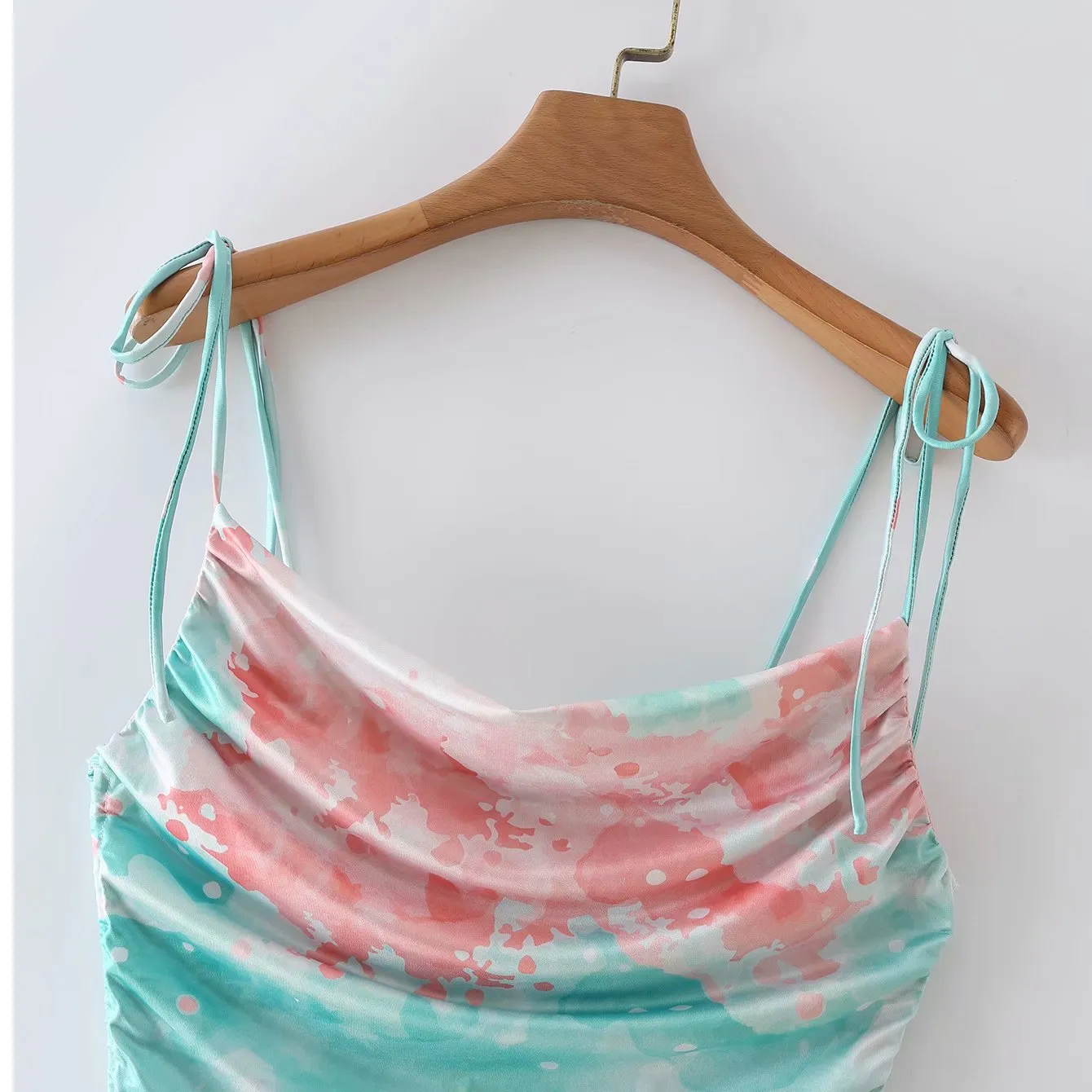 Summer Women Tie Dye Draped  Drawstring Dress Sexy Sling Bodycon Mini