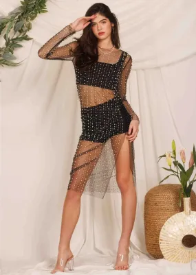 The Ultimate Chic Pearl Rhinestone Embellished Mesh Dress in Black