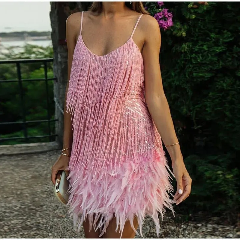 Trendy Sequin Tassel Feather Mini Dress with Spaghetti Straps & Slim Fit Silhouette