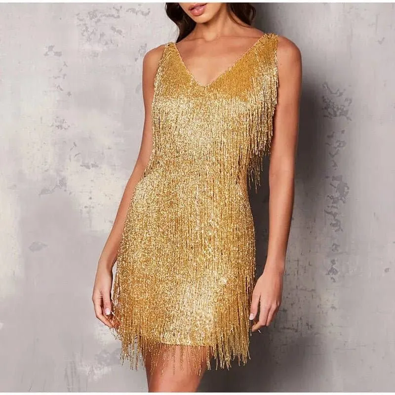 Trendy Sequin Tassel Feather Mini Dress with Spaghetti Straps & Slim Fit Silhouette