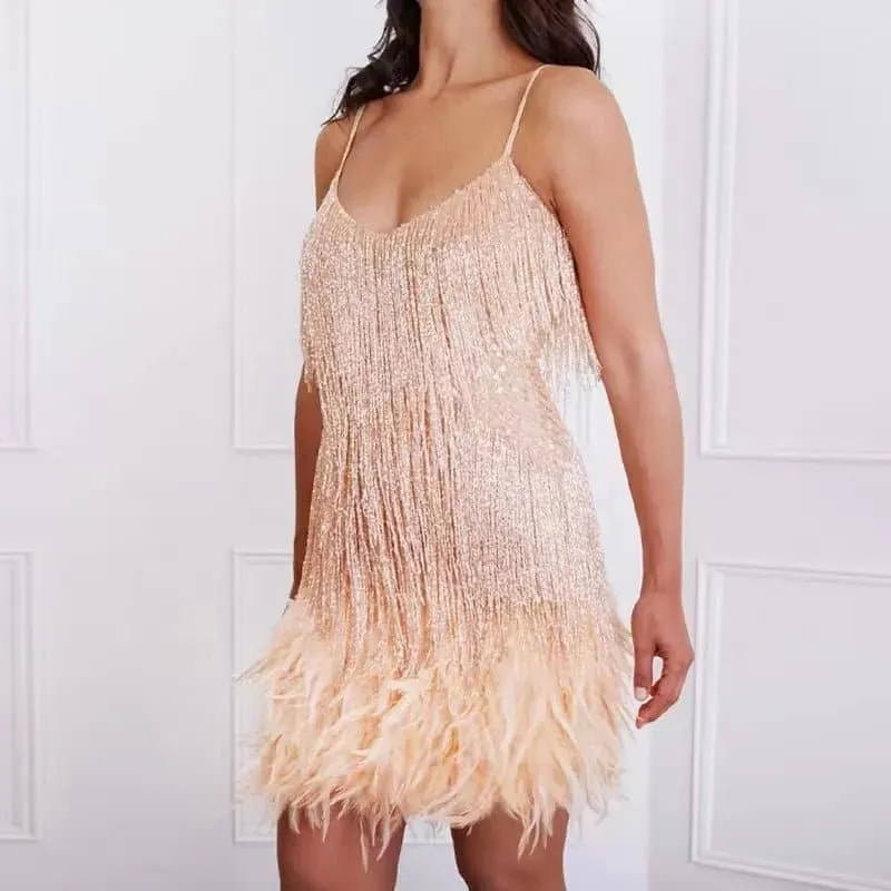 Trendy Sequin Tassel Feather Mini Dress with Spaghetti Straps & Slim Fit Silhouette