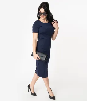 Unique Vintage 1960s Navy Short Sleeve Mod Wiggle Dress