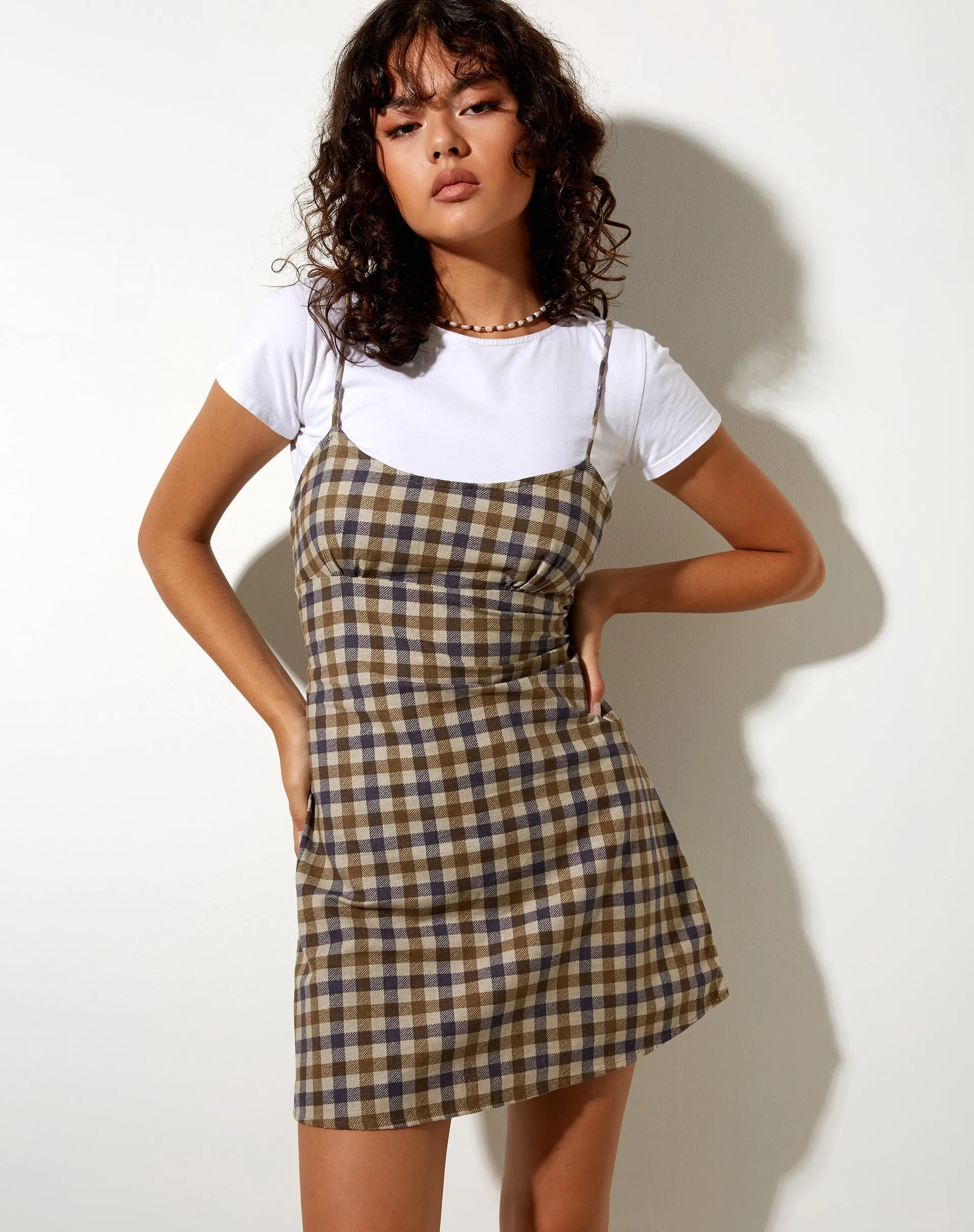 Valy Slip Dress in 40's Check Tan