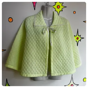 Vintage 50s 60s | Neon Day Glo Lime Quilted Babydoll Nighty Bed Jacket | L