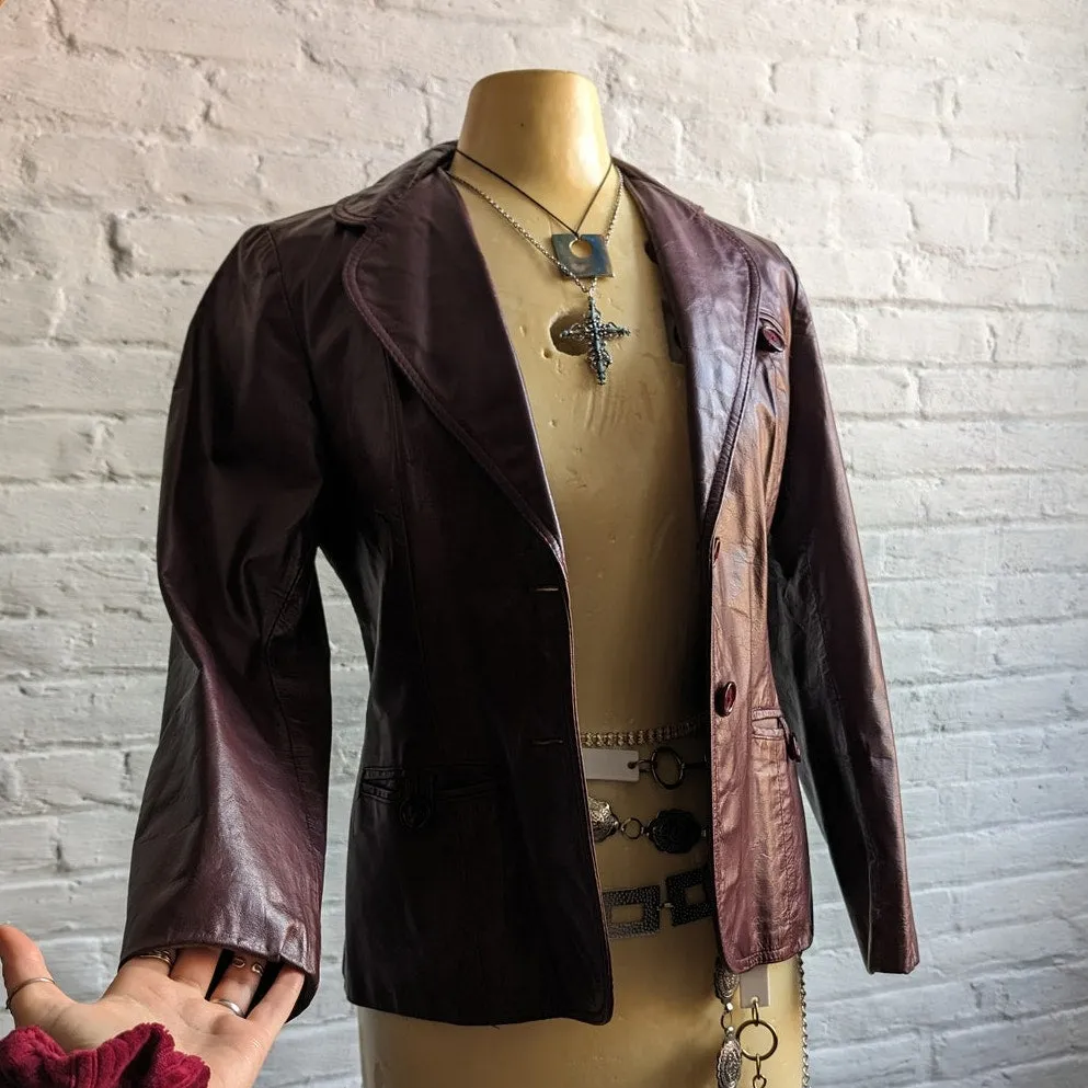 Vintage Red Burgundy Leather Jacket Minimalist Grunge Chic Biker Coat Blazer