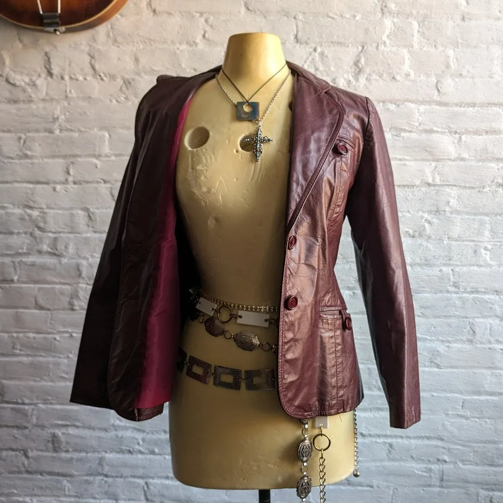 Vintage Red Burgundy Leather Jacket Minimalist Grunge Chic Biker Coat Blazer