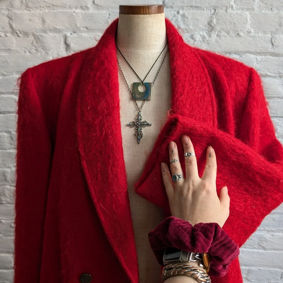 Vintage Red Fuzzy Mohair Wool Blazer Trench Shaggy Statement Pea Coat Jacket