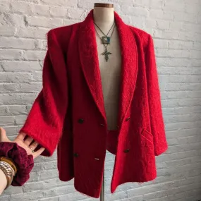 Vintage Red Fuzzy Mohair Wool Blazer Trench Shaggy Statement Pea Coat Jacket