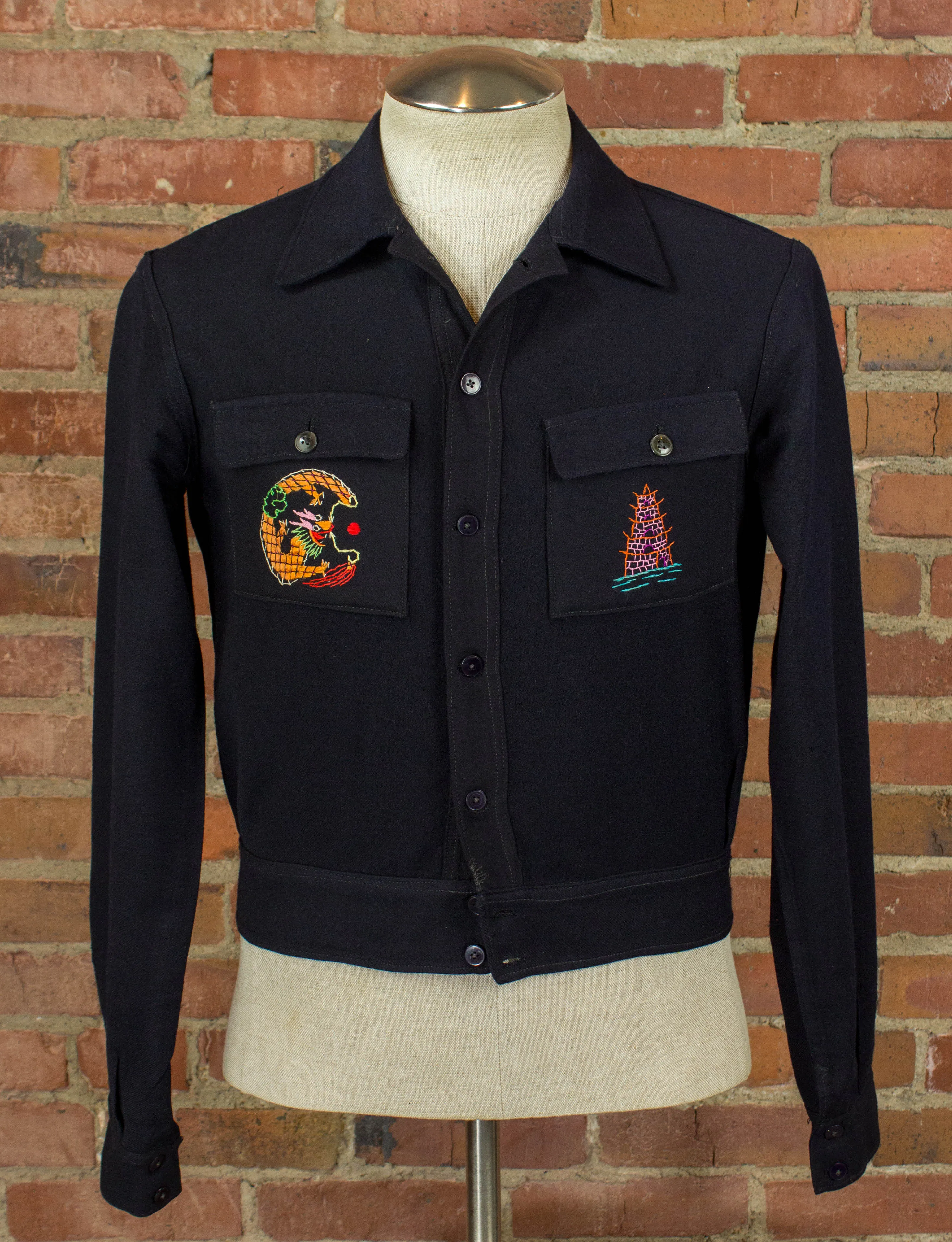 Vintage Shanghai China Cropped Wool Souvenir jacket 1946 Navy Blue Embroidered Dragons Small