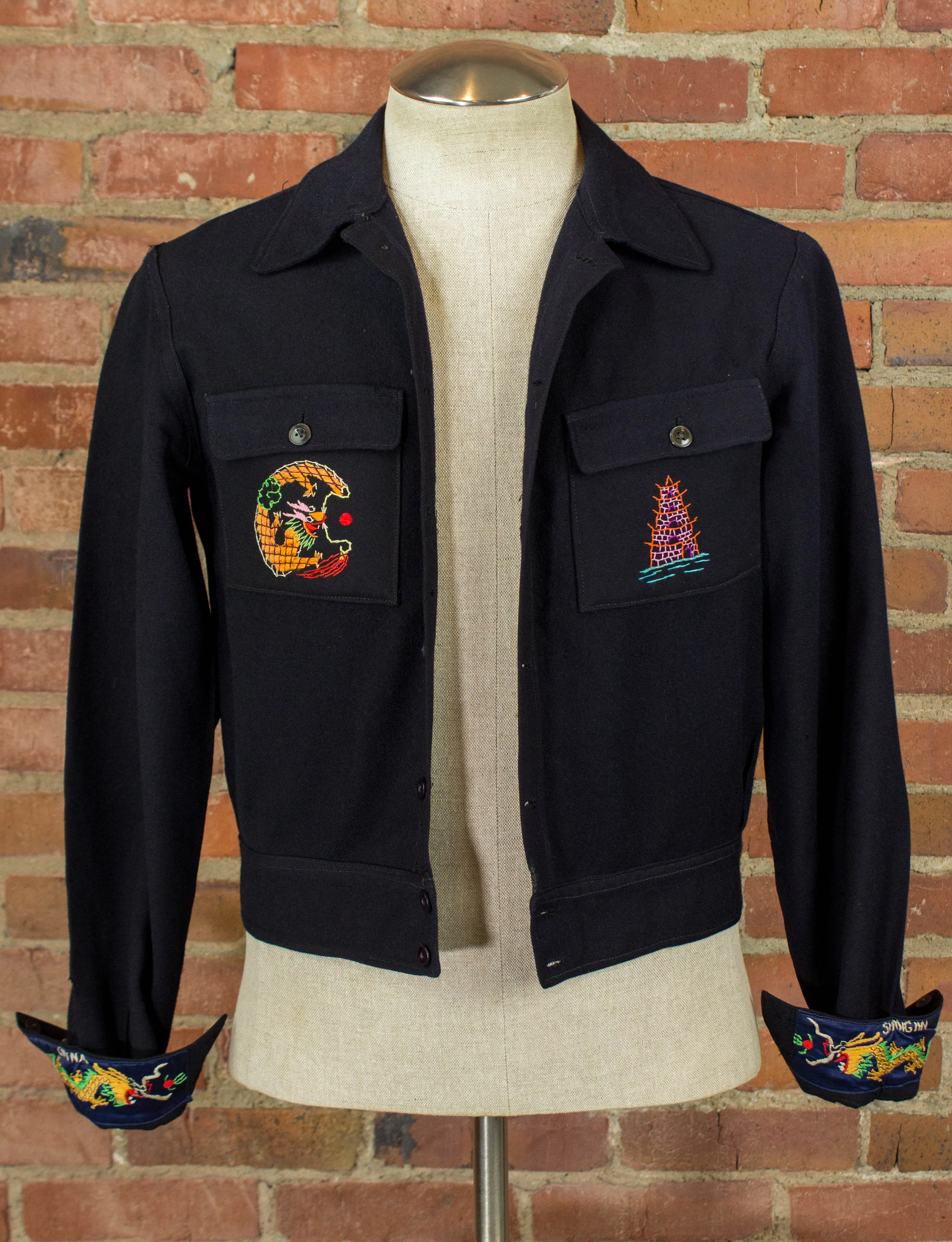 Vintage Shanghai China Cropped Wool Souvenir jacket 1946 Navy Blue Embroidered Dragons Small