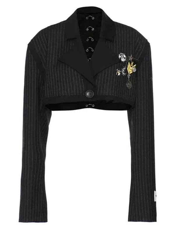 Wenkouban-Winter outfits Christmas Black Friday Badge Pendant Back Metal Ring Striped Cropped Blazer