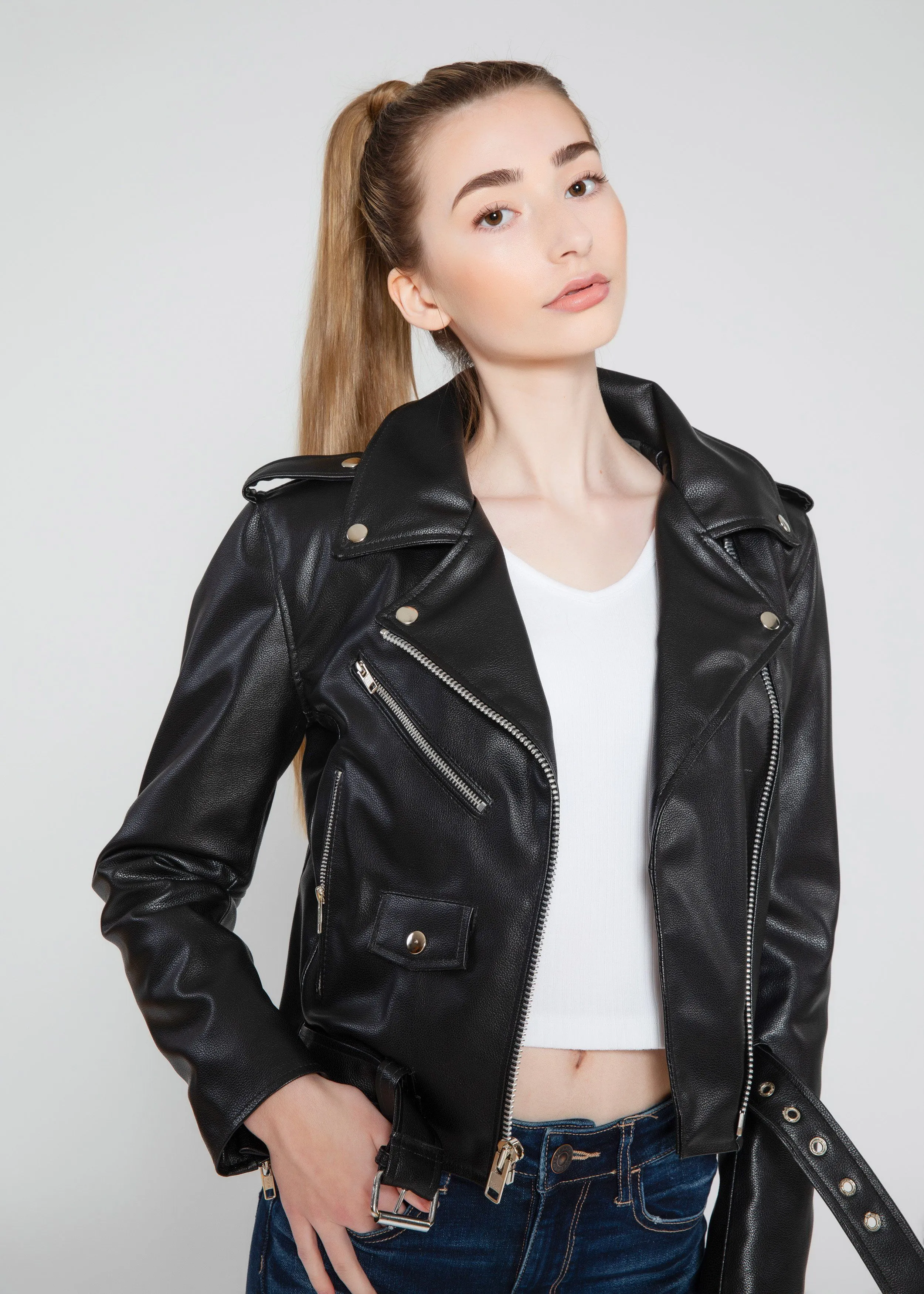 Women's Vegan Black Motorcycle Style Leather Jacket