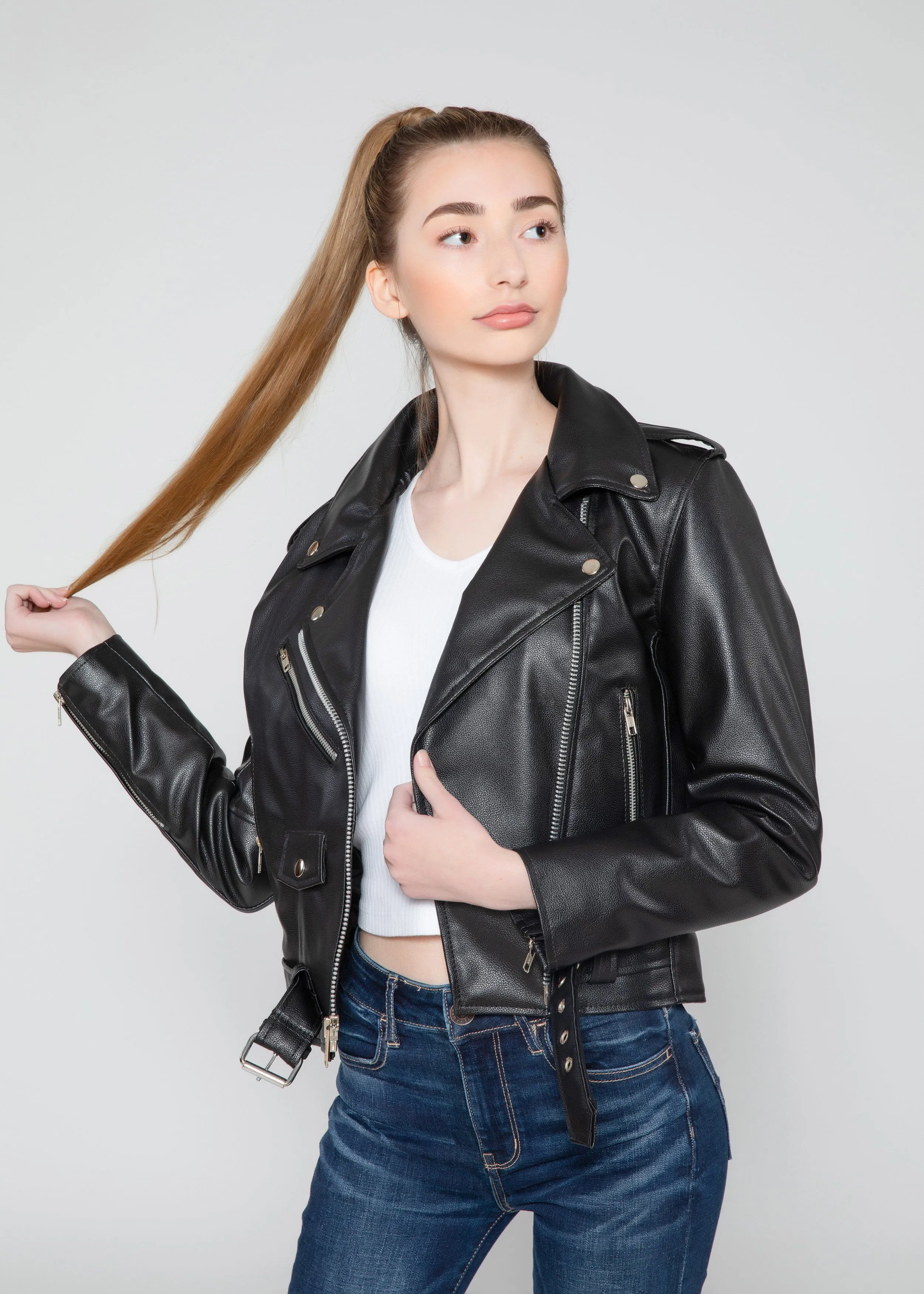 Women's Vegan Black Motorcycle Style Leather Jacket