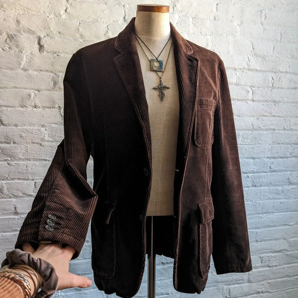 Y2K GAP Brown Corduroy Blazer Jacket Dark Academia Preppy Grandpa Longline Coat