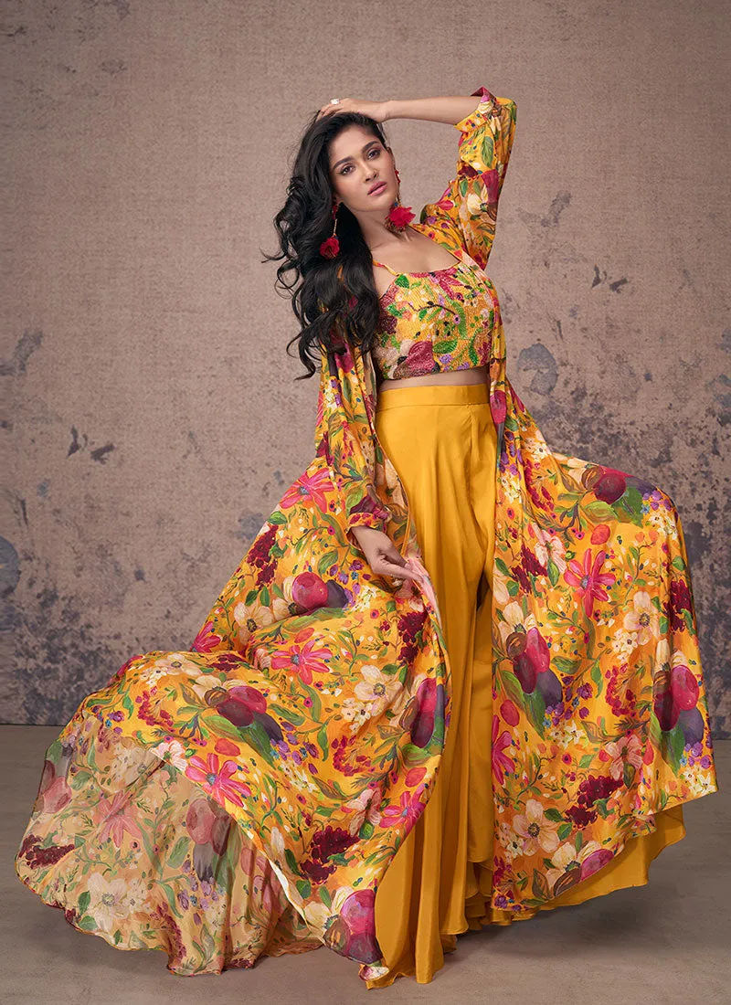 Yellow Multicoloured Sequence Embroidery Indo Western Palazzo